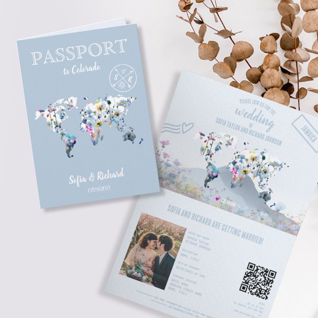 QR Code Meadow Wedding Destination Passport Map  Inbjudan (dusty blue mountain wedding passport)