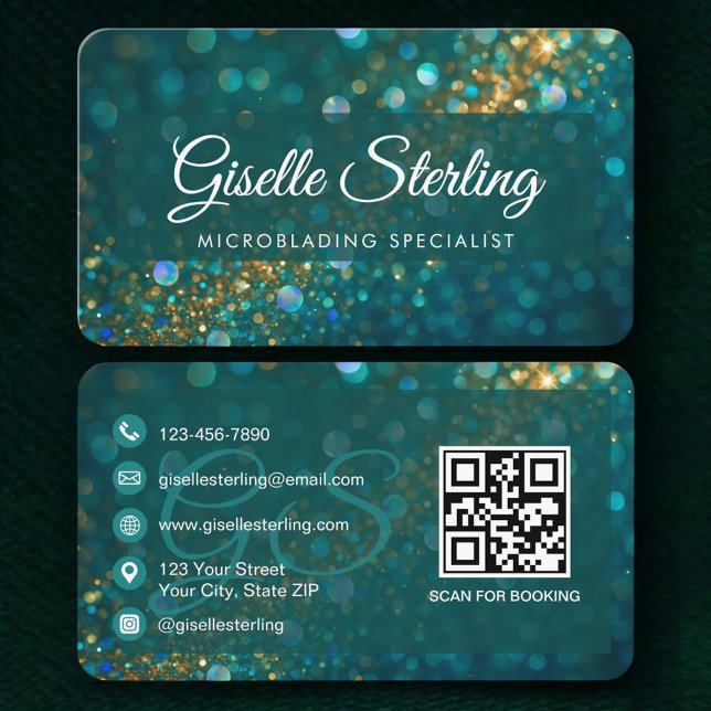 QR Code Microblading Teal Gold Glitter  Visitkort (Skapare uppladdad)