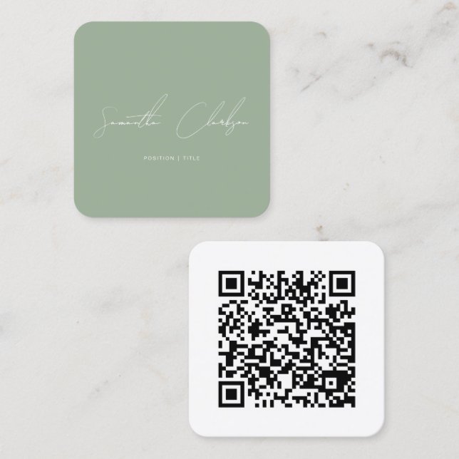 QR Code Minimalist Sage Green Handwritten Script Fyrkantigt Visitkort (Fram/baksida)