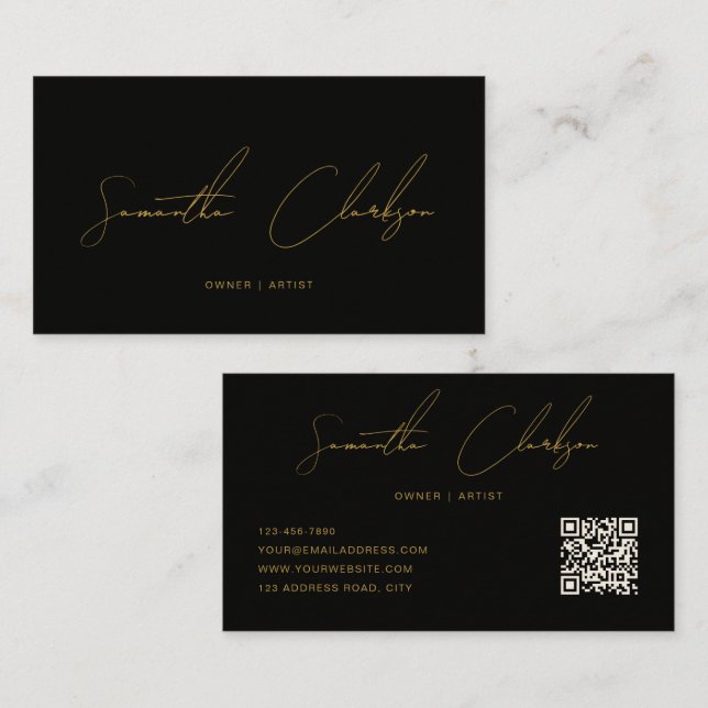 QR Code Modern Black & Gold Handwritten Script Visitkort (Fram/baksida)