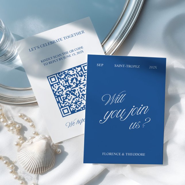 QR Code Modern Blue & White Wedding RSVP OSA Kort (QR Code Modern Blue & White Wedding RSVP Card)