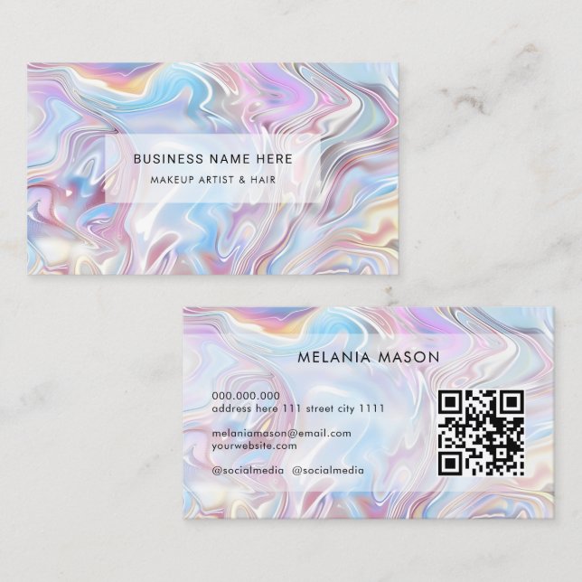 QR Code Modern Elegant Holographic Marble Pastel Visitkort (Fram/baksida)