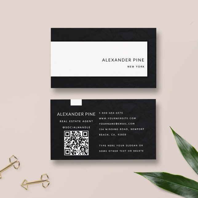 QR Code Modern Sleek Black White-Professionell Visitkort (simple modern elegant professional corporate generic business card black white qr code website sleek)