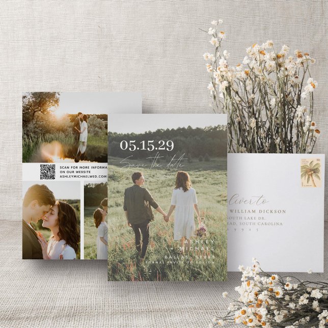QR Code Modern Typography Elegant Overlay 4 Photo Spara Datumet (QR Code Save the Date!)