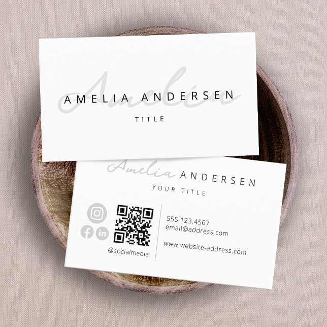 QR Code Modern White Professionell Script Visitkort (Skapare uppladdad)