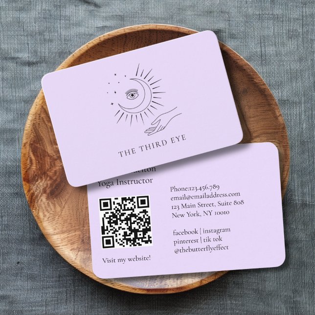 QR Code- Moon Eye Yoga Reiki Wellness  Visitkort (QR Code- Moon Eye Yoga Reiki Wellness Purple Business Card)