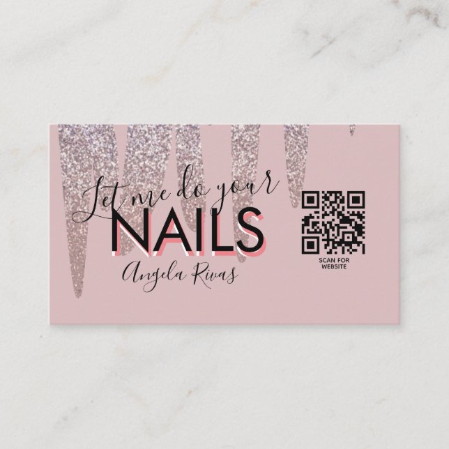 QR CODE Nagel Salon Quote  Rosa Glitter Drift Visitkort (Framsida)