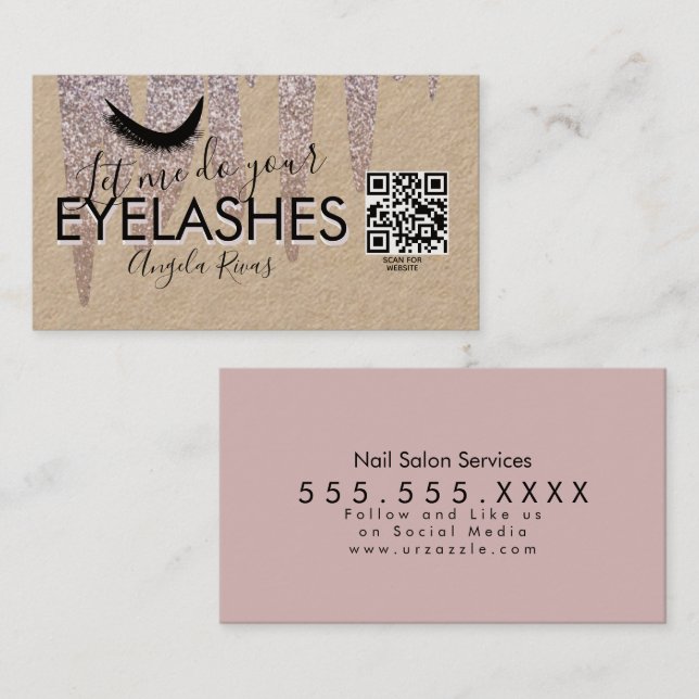 QR CODE Nagel Salon Rosa Glitter Dripping Rustic Visitkort (Fram/baksida)