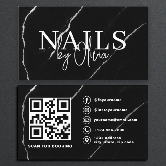 QR Code Nagel Specialist Artist Black Silver Marbl Visitkort (Skapare uppladdad)