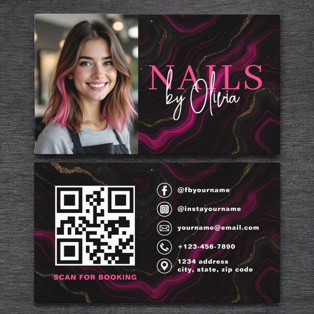QR Code Nagel Specialist Photo Shock rosa Marble Visitkort (Skapare uppladdad)