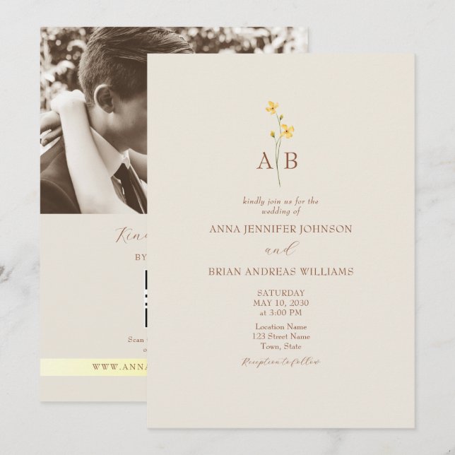 QR Code Neutral Wildflower Photo Wedding Inbjudningar (Fram/baksida)