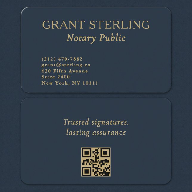 QR Code Notary Public Navy Blue Gold Visitkort (Skapare uppladdad)