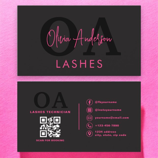 QR Code Öga Lash Technician Shock rosa Black Visitkort (Skapare uppladdad)
