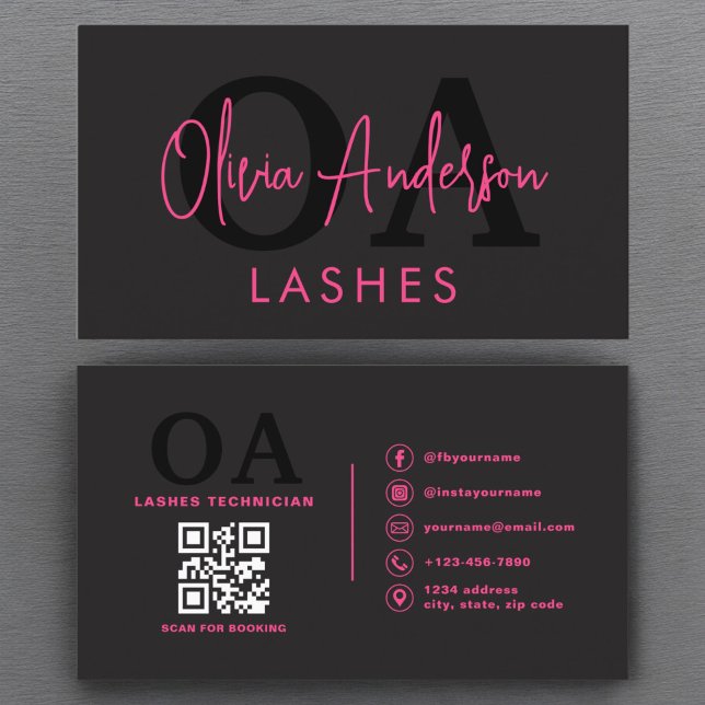 QR Code Öga Lash Technician Shock rosa Black Visitkort (Skapare uppladdad)