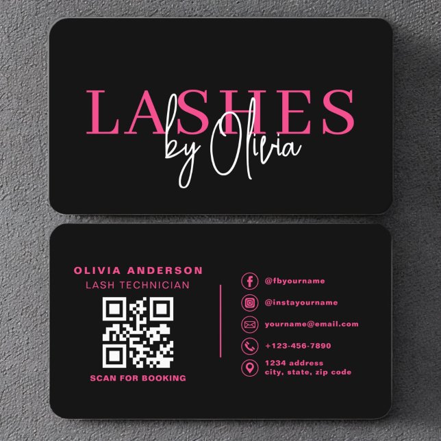 QR Code Öga Lash Technician Shock rosa Black Visitkort (Skapare uppladdad)