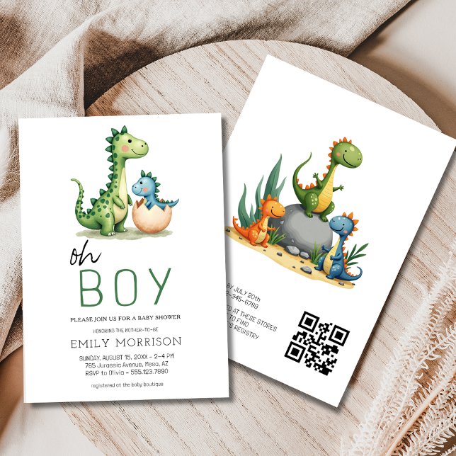 QR Code Oh Boy Dinosaur Pojke Shower Inbjudningar (Skapare uppladdad)