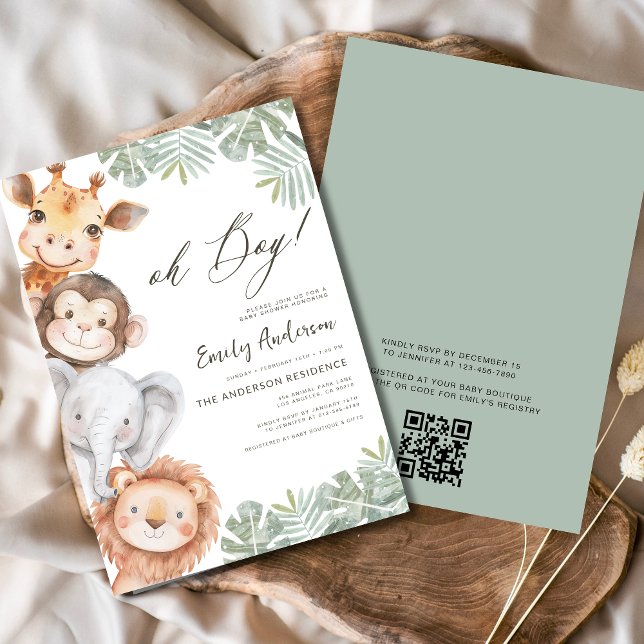 QR Code Oh Boy Safari Animal Boy's Baby Shower Inbjudningar (Skapare uppladdad)