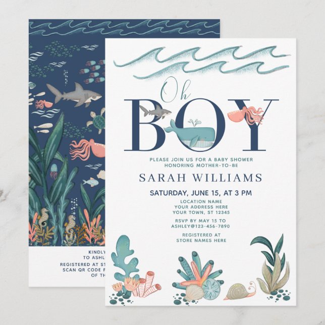 QR Code Oh Boy under Sea Blue Baby Shower Inbjudningar (Fram/baksida)