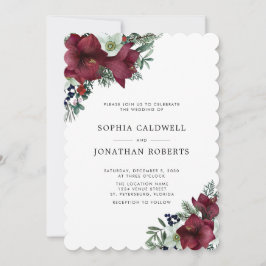 QR Code OSA Burgundy Blommigt Winter Wedding Inbjudningar