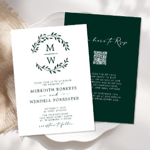 QR Code OSA Emerald Grönt Monogram WAN Bröllop Inbjudningar