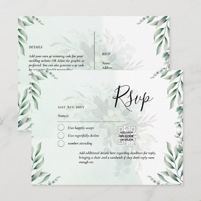 QR CODE OSA Eucalyptus Lövs Greenery Bröllop Po Vykort (Fram/baksida)