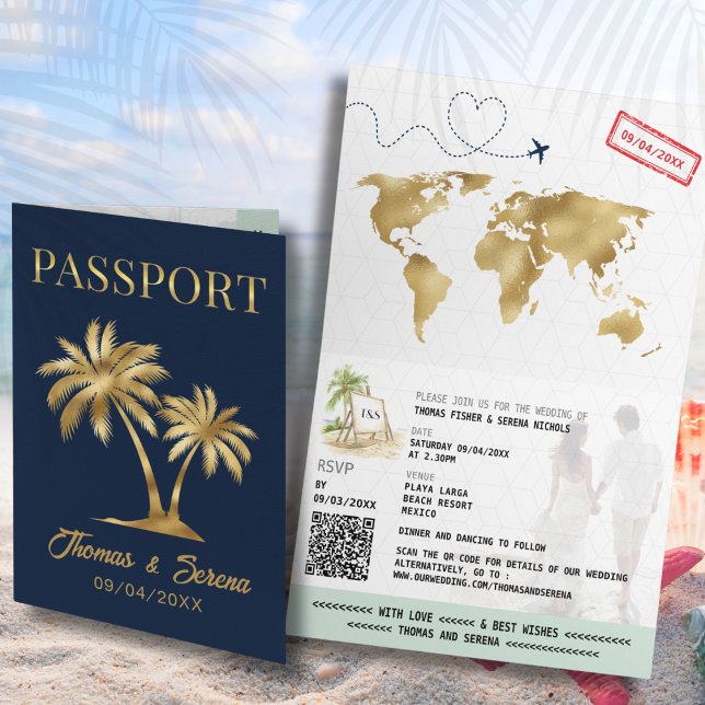 QR Code Palm Tree Passport Style Wedding Inbjudan (Skapare uppladdad)