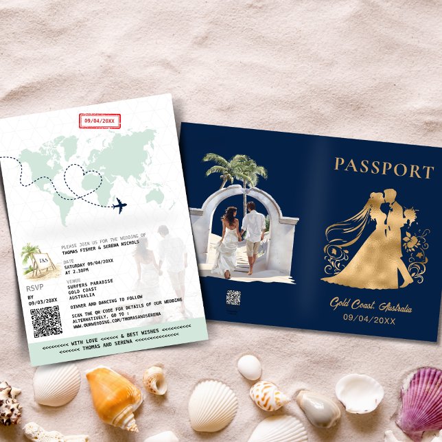 QR Code Passport Beach World Map Navy Blue Guld Inbjudan (Skapare uppladdad)