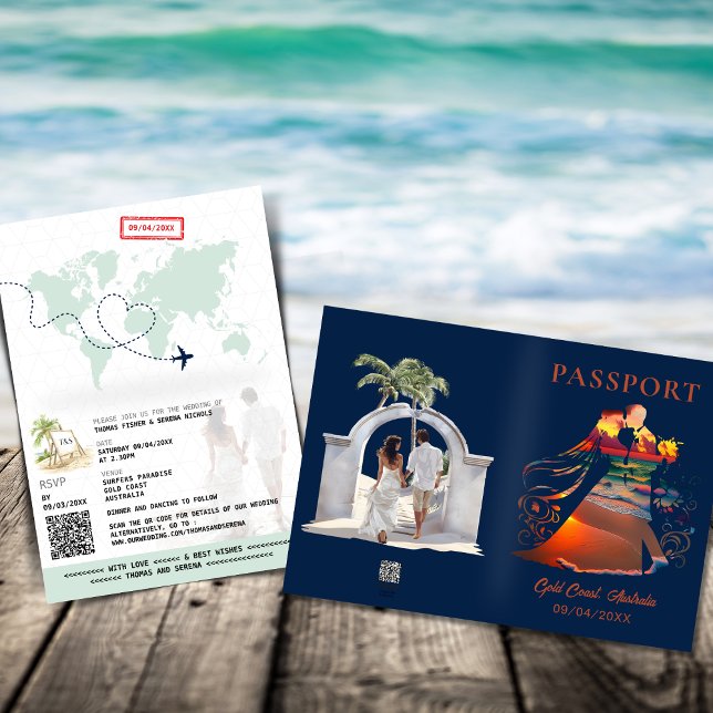 QR Code Passport Sunset Tropical Beach Wedding Inbjudan (Skapare uppladdad)