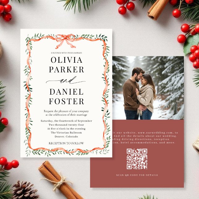 QR Code Photo Red Ribbon & Bow Winter Wedding Inbjudningar (Skapare uppladdad)