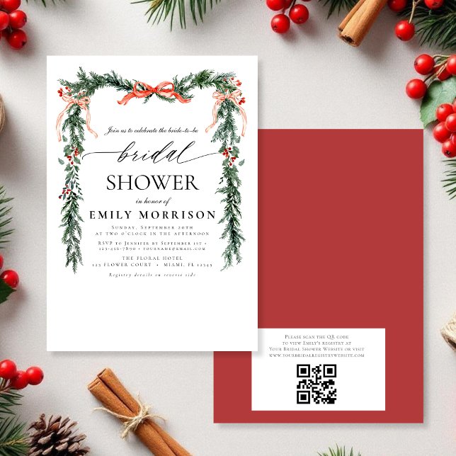 QR Code Pine Bow Christmas Bridal Shower Inbjudningar (Skapare uppladdad)