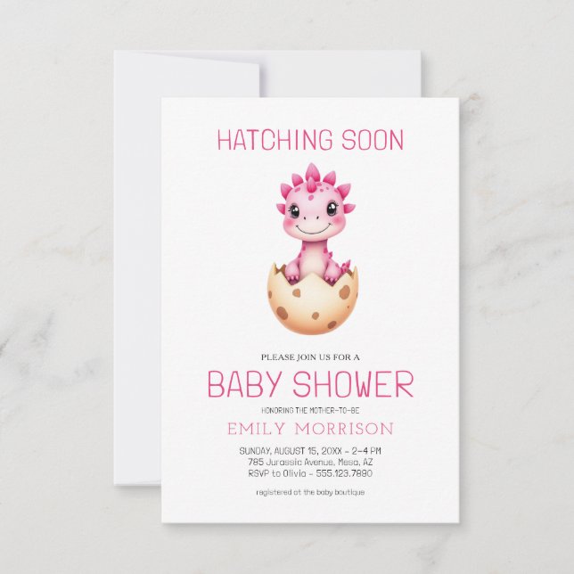 QR Code Pink Dinosaur Hatching Soon Baby Shower Inbjudningar (Framsida)
