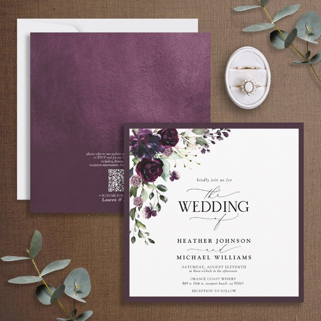 QR Code Plum Lila Mauve Blommigt Watercolor-skript Inbjudningar (Skapare uppladdad)