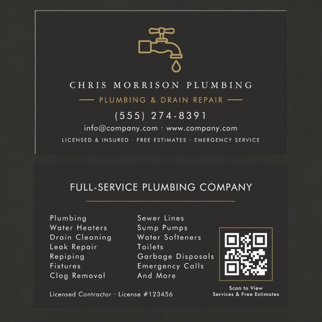 QR Code Plumbing  Service Black & Gold  Visitkort (Skapare uppladdad)