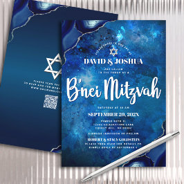 QR Code Pub Mitzvah Navy Blue Agate Galaxy Script Inbjudningar