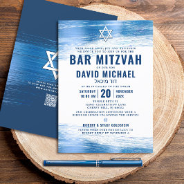 QR Code Pub Mitzvah Navy fold Typography Blue Foil Inbjudningar