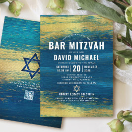 QR Code Pub Mitzvah Turquise Gold Foil Modern Inbjudningar