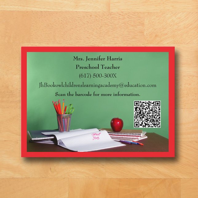 QR Code Red Grade School Preschool Teacher  Visitkort (Red Business Card for Teacher )