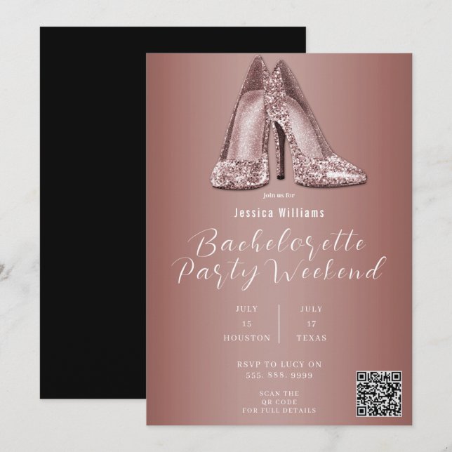 QR CODE Ro Guld Glitter Shoes Bachelorette Inbjudningar (Fram/baksida)
