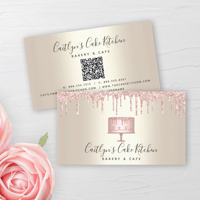 QR Code Rosa Cake Bakery Dessert Glitter Drift Gul Visitkort (Skapare uppladdad)