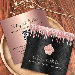 QR Code Rosa Cupcoa Glitter Drives Bakery Black Fyrkantigt Visitkort
