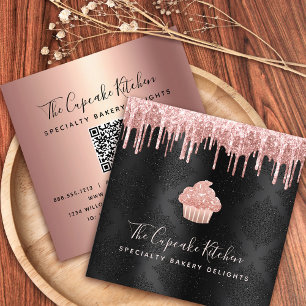 QR Code Rosa Cupcoa Glitter Drives Bakery Black Fyrkantigt Visitkort
