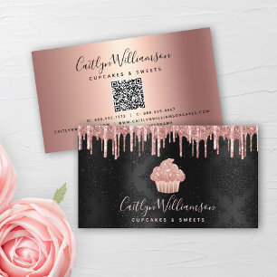 QR Code Rosa Cupcoa Glitter Drives Bakery Black Visitkort