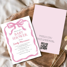 QR Code  Rosa Ribbon Bow Girl Baby Shower Inbjudningar