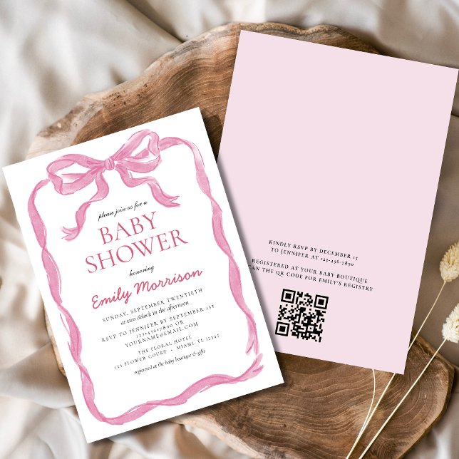 QR Code  Rosa Ribbon Bow Girl Baby Shower Inbjudningar (Skapare uppladdad)