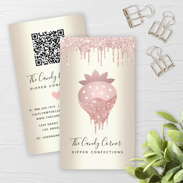 QR Code Rosa Strawberry Glitter Conftion Guld Visitkort (Skapare uppladdad)
