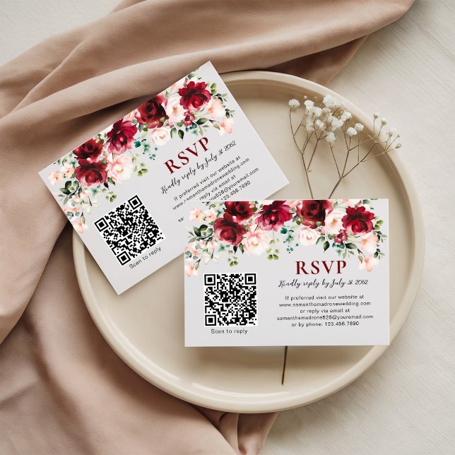 QR Code RSVP Card Burgundy Blush Floral Wedding OSA Kort (Skapare uppladdad)