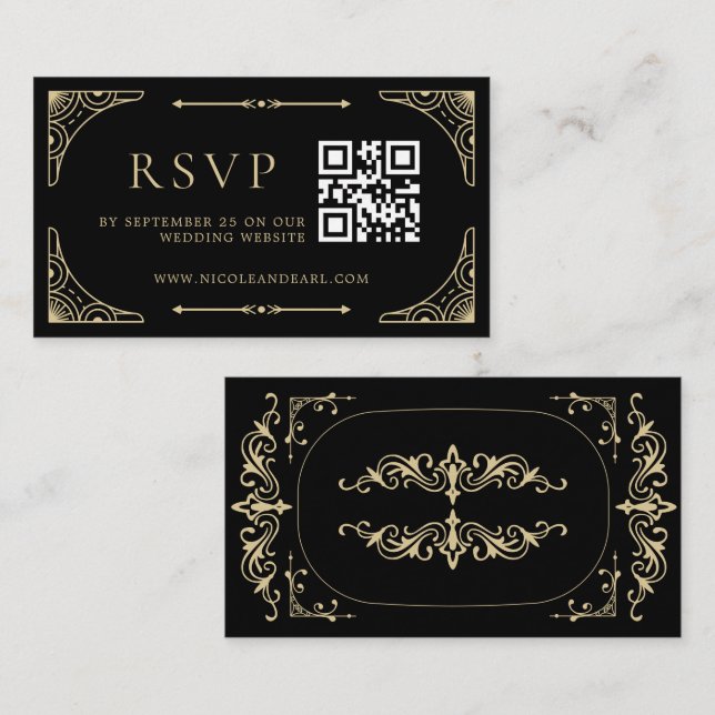 Qr Code RSVP Svart Elegant Deco Guld Retro Bröllop Tilläggskort (Fram/baksida)