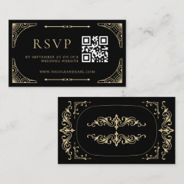 Qr Code RSVP Svart Elegant Deco Guld Retro Bröllop Tilläggskort