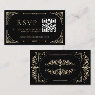 Qr Code RSVP Svart Elegant Deco Guld Retro Bröllop Tilläggskort