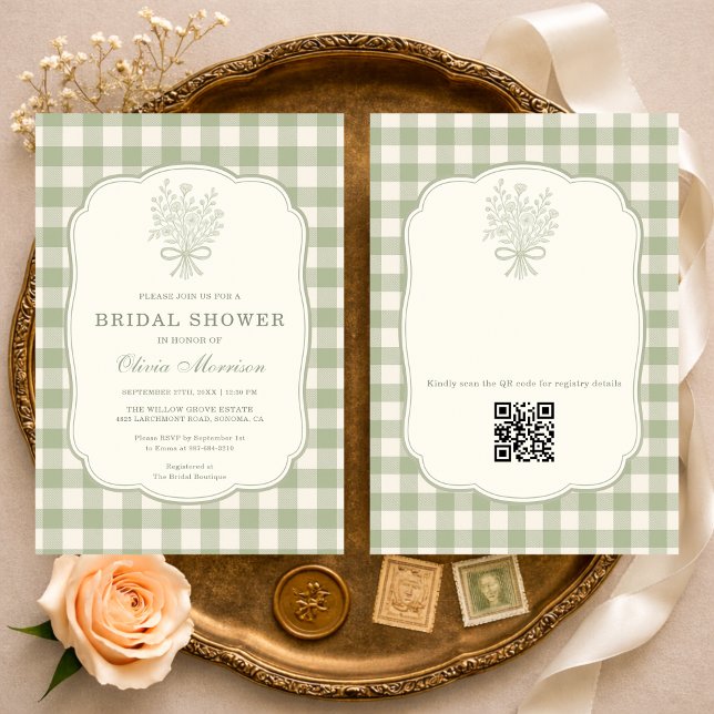 QR Code Sage Green Gingham Floral Bridal Shower Inbjudningar (Skapare uppladdad)